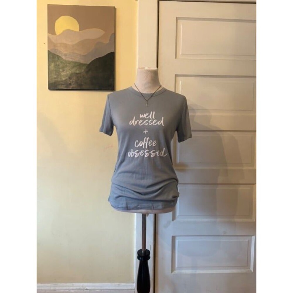 Agnes & Dora T-shirt tee short sleeve top coffee graphic light blue size XS